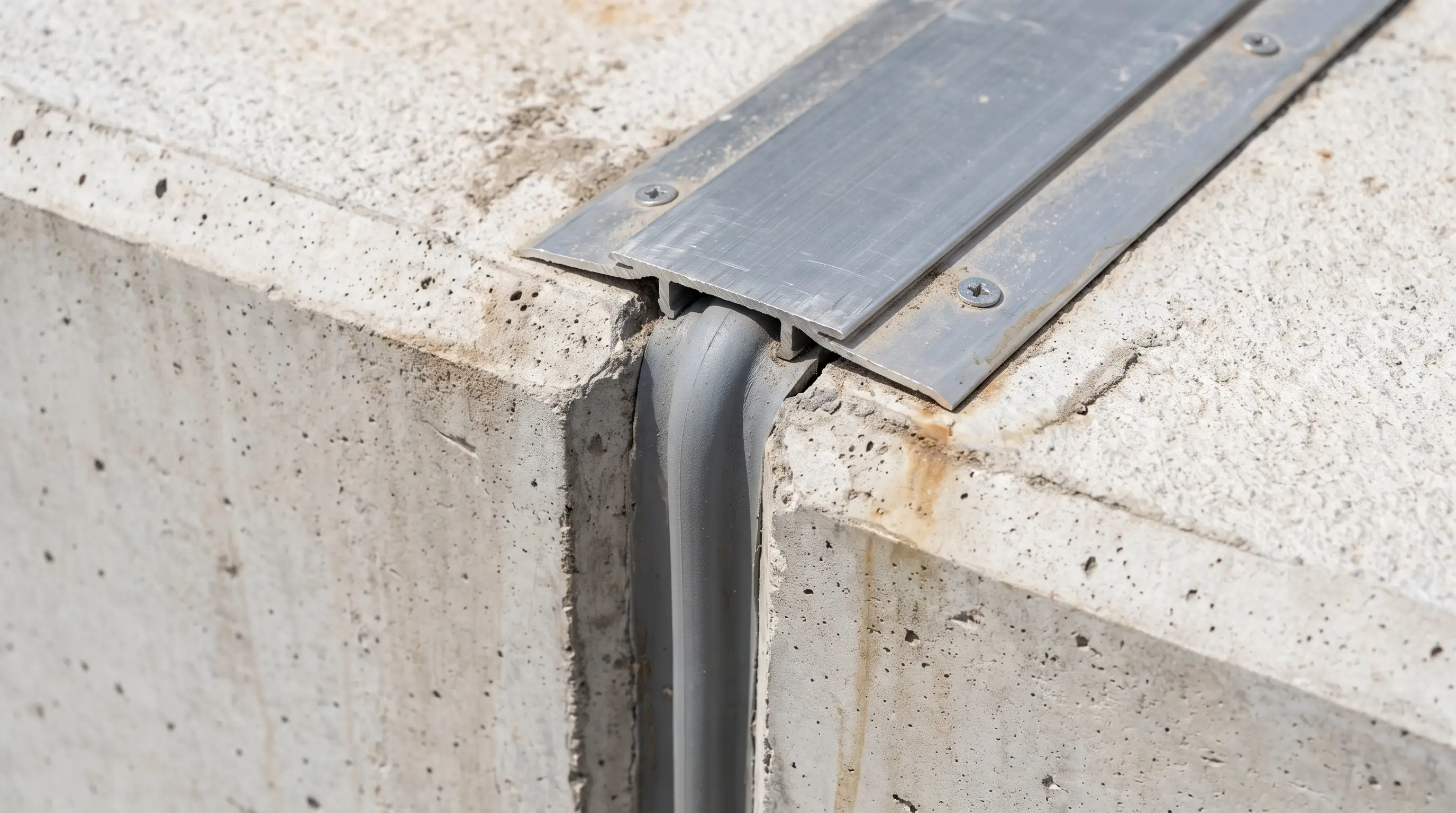 İki beton blok arasındaki dilatasyon derzi ve metal derz profili detayı
