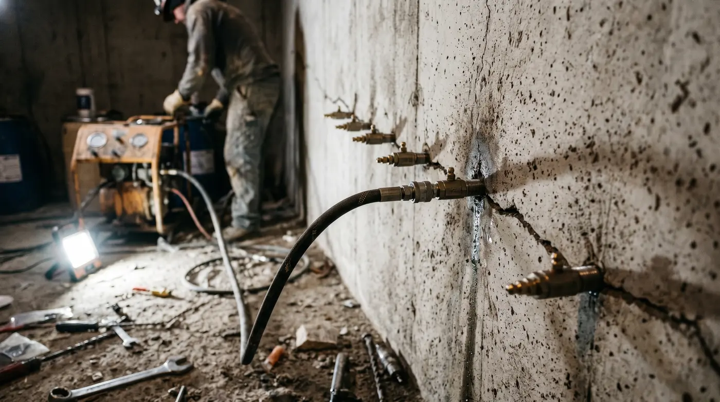 Beton duvardaki çatlağa yerleştirilmiş enjeksiyon packerları ve basınç hortumu