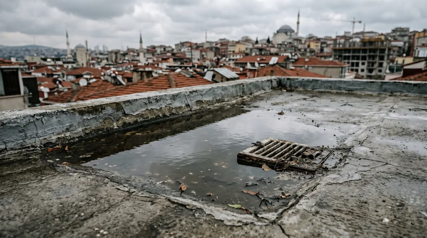 Teras süzgeci çevresinde göllenen yağmur suyu ve yıpranmış kaplama